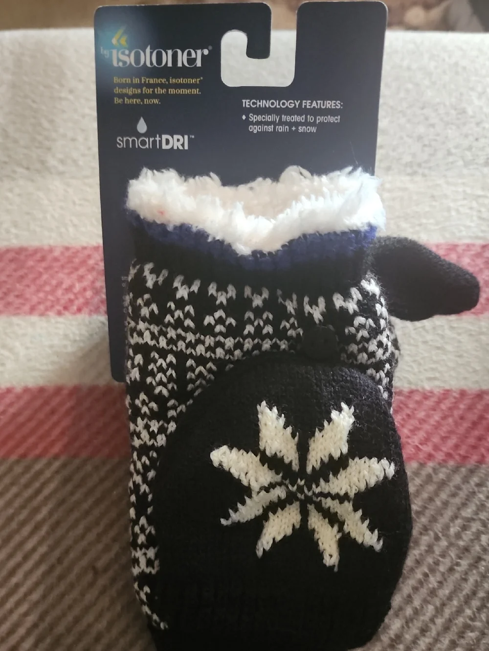 Isotoner Black and White Snowflake Knit Mittens with Faux Fur Cuff - Picture 2 of 3